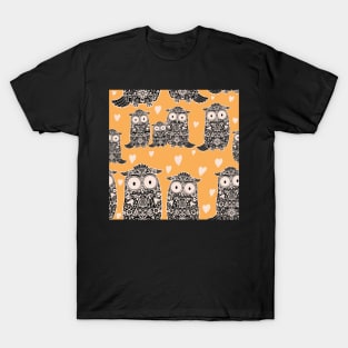 Folk Art Owls, Owlets and Hearts Pattern on Yellow T-Shirt